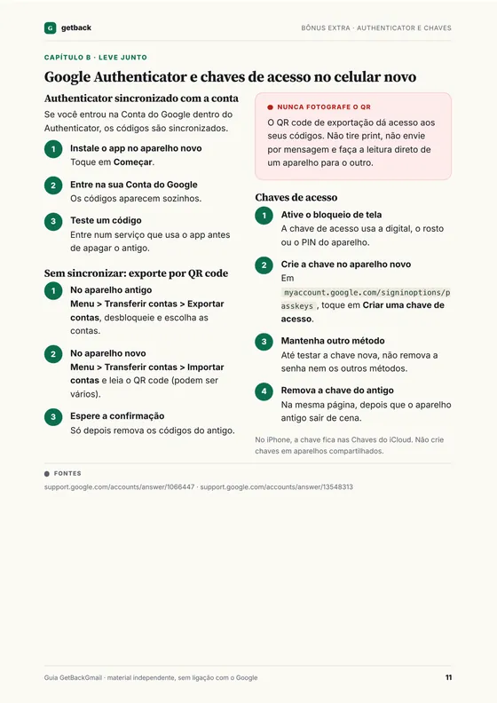 Página do bônus Celular novo sem perder a conta: Google Authenticator e chaves de acesso no celular novo