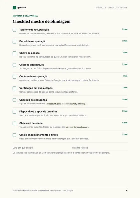 Página do Módulo 5 com o checklist mestre de blindagem: dez itens com tempo estimado