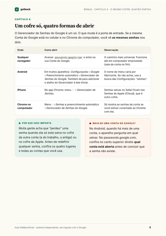 Página do bônus Senhas em ordem: um cofre só, quatro formas de abrir (navegador, Android, iPhone e Chrome)