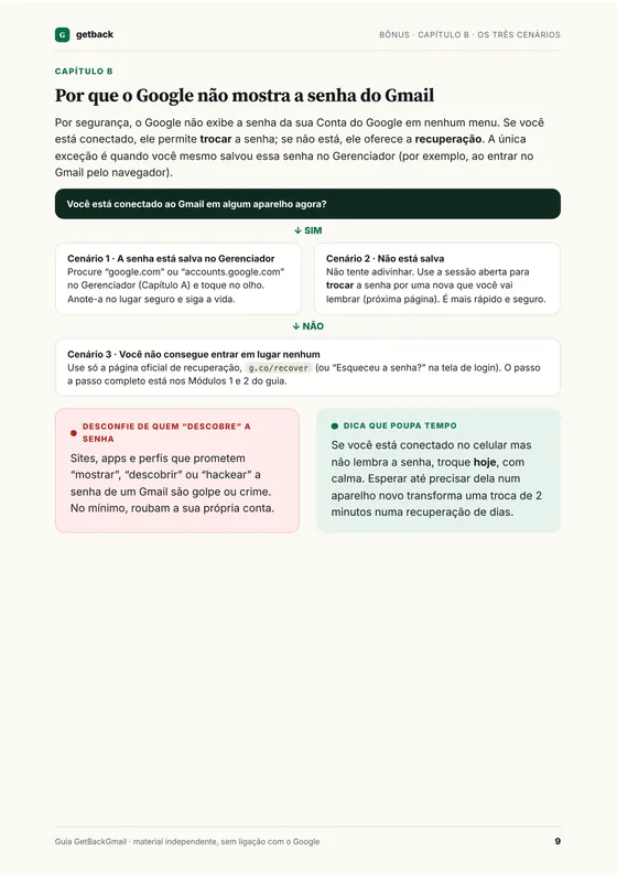 Página do bônus Senhas em ordem com o fluxograma dos três cenários da senha do Gmail