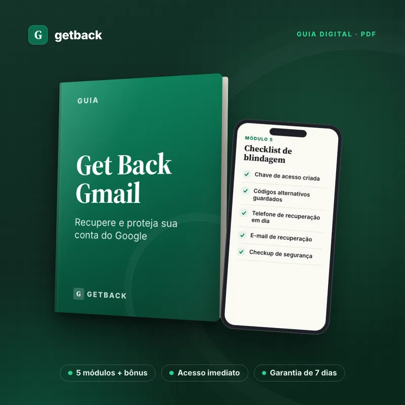 Guia GetBackGmail: capa do guia em PDF e uma página do checklist de blindagem no celular