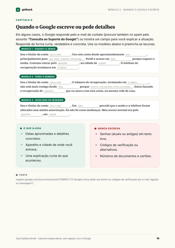 Página do Módulo 2: modelos de resposta para quando o Google pede detalhes, com lacunas para preencher