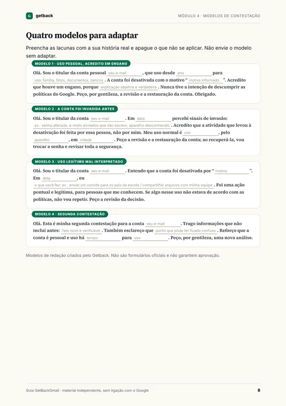 Página do Módulo 4: quatro modelos de contestação para conta desativada